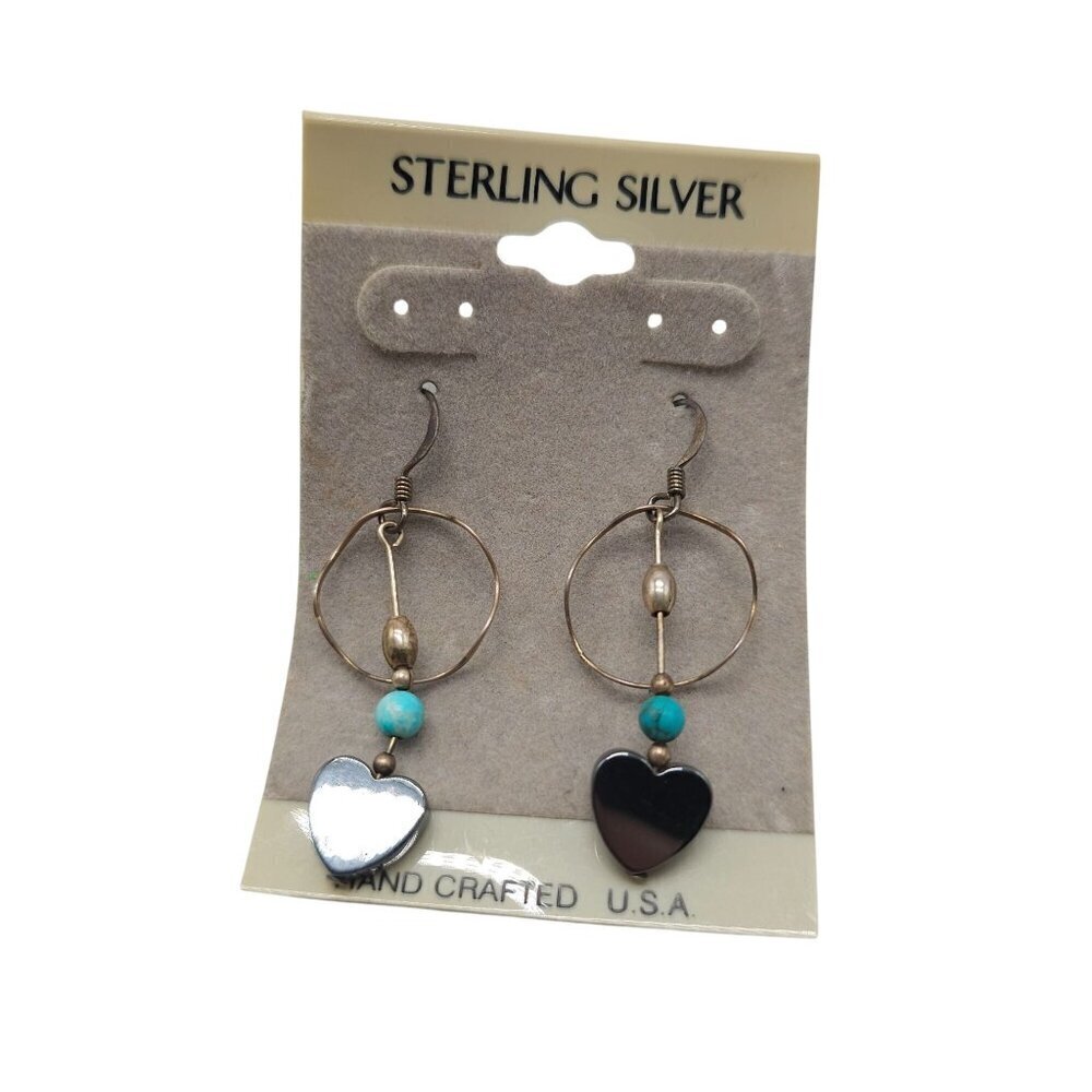 Sterling Silver Handmade Earrings With Turquoise Hematite Heart Accents
